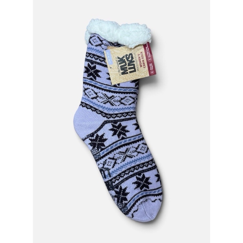 Muk Luks Women's Cabin Socks Purple Black Snowflake Sherpa Lined L/XL NWT
